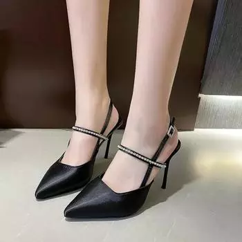 Shiny High Heels Slingback Silver Women Pumps Metallic Crystal Sandals Pointy Toe Stiletto Heeled Shoes Party Dress Zapatos 35 чёрный