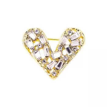 Shiny Rhinestone Pin Rectangular Hollow Heart Breastpin Lapel Heart Brooch Suit Coat Collar gold
