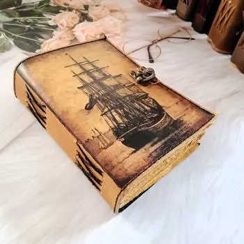Ship Leather Journal Vintage look Boat Printed Leather dairy, Notebook, Dream journal, writing journal, deckle page sketchbook journal. 8 x 6 in