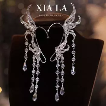 Shirla New Arrival Rhinestone Metal Crystal-like Tassel Bride Ear Hanging Elf Butterfly Earrings Fairy Photo Ornament Default