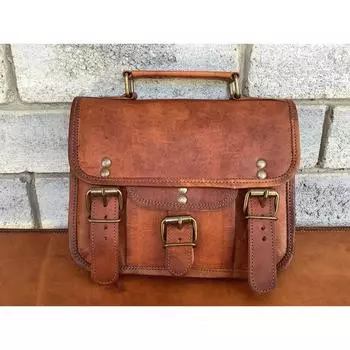 Широкая кожаная сумка-сэтчел шириной 9 дюймов, ручная работа, ретро, стиль бохо, с отделением на молнии и отделениями. 9 X 8 X 2 in коричневый