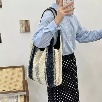 Широкая плюшевая полосатая сумка большого объема, женская повседневная универсальная большая клетчатая сумка-жилет, сумка для покупок через плечо