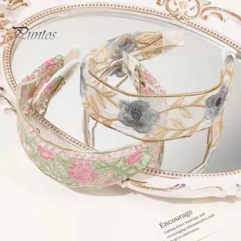 Широкая повязка на голову из сетчатой пряжи с вышитым цветочным узором в стиле ретро, мягкий эластичный ободок для волос, аксессуар для волос серый