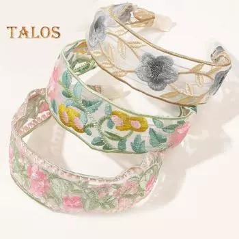 Широкая повязка на голову из сетчатой пряжи с вышитым цветочным узором в стиле ретро, мягкий эластичный ободок для волос, аксессуар для волос зелёный