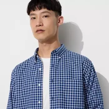Широкая рубашка UNIQLO с длинными рукавами и воротником на пуговицах в клетку B
