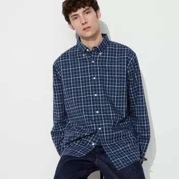 Широкая рубашка UNIQLO с длинными рукавами и воротником на пуговицах в клетку C