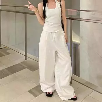 Широкие белые льняные брюки, женские летние повседневные базовые женские прямые мешковатые брюки большого размера, брюки с эластичной резинкой на талии XL белый