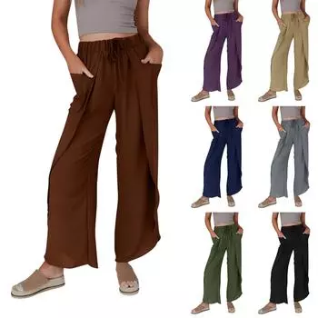 Широкие брюки Брюки со средней талией Свободные утягивающие расклешенные женские брюки Женские брюки L чёрный