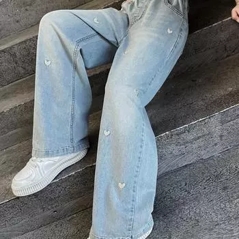 Широкие брюки для девочек в школу с рисунком в виде сердца и звезды, повседневные свободные длинные джинсы для детей 110 синий