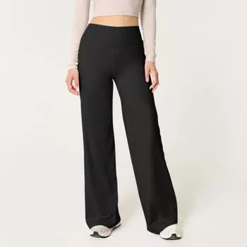 Широкие брюки для женщин, брюки для йоги, спортивные штаны с высокой талией и карманами, эластичные брюки, удобные спортивные спортивные штаны для тренировок L чёрный