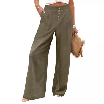 Широкие брюки для женщин, однотонные повседневные брюки с высокой талией, брюки на пуговицах для тренировок с карманами L