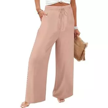Широкие брюки для женщин, однотонные повседневные брюки с высокой талией, брюки на пуговицах для тренировок с карманами L розового золота