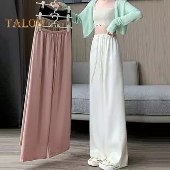 Широкие брюки для женщин, повседневные свободные прямые брюки с высокой эластичной резинкой на талии, атласные длинные брюки на лето, весну и осень M чёрный