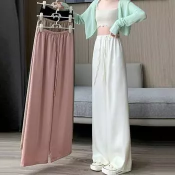 Широкие брюки для женщин, высокая эластичная талия, свободные прямые брюки, атласные длинные брюки на лето M чёрный