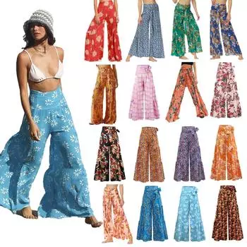 Широкие брюки для женщин, высокая талия, цветочный принт, брюки-палаццо с поясом, свободные струящиеся брюки, пляжные брюки в стиле хиппи M зелёный