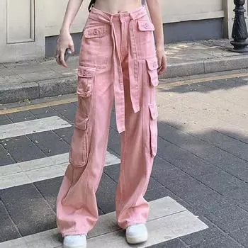 Широкие брюки Джинсы Брюки Женские комбинезоны Джинсовые брюки с несколькими карманами M