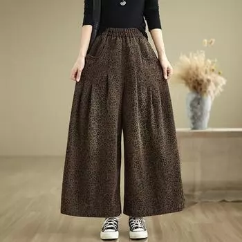 Широкие брюки из денима большого размера Новые модные эластичные свободные и тонкие повседневные универсальные прямые широкие брюки с леопардовым принтом M цветной печати леопарда