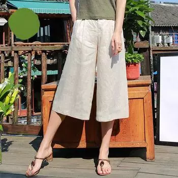 Широкие брюки из хлопка и льна для женщин, летние укороченные брюки с высокой талией, повседневные брюки больших размеров для женщин, льняные свободные брюки для женщин S абрикосовый
