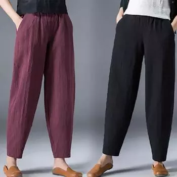 Широкие брюки из хлопка и льна, женские летние свободные белые шаровары, повседневные черные брюки-шаровары с девятью точками XXXL чёрный