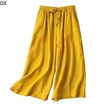 Широкие брюки из хлопка и льна с семью точками, женские свободные летние брюки с высокой талией, тонкие, тонкие, повседневные прямые брюки большого размера «Джокер» M белый