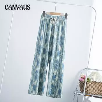 Широкие брюки из ледяного шелка. Женские брюки. Летние тонкие драпированные свободные прямые черные повседневные летние брюки. One Size синий