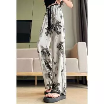 Широкие брюки из ледяного шелка, женские летние тонкие чернильные брюки для защиты от солнца в китайском стиле, вращающиеся от ветра и снега XXXXXXL