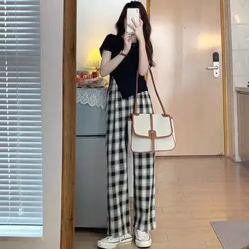 Широкие брюки из ледяного шелка, женские летние тонкие брюки с высокой талией, драпированные, черно-белые, клетчатые, тонкие и универсальные, повседневные свободные брюки прямого кроя S