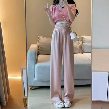 Широкие брюки из ледяного шелка, женские летние тонкие брюки с высокой талией, свободные прямые брюки-трубы, тонкие спортивные летние брюки для отдыха, прогулочные брюки с изгибом S
