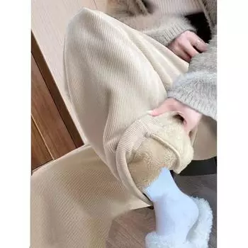 Широкие брюки из овечьего флиса, женские, осень-зима, с утолщенным флисом, с высокой талией, свободные, вельветовые, прямые, теплые, повседневные брюки S чёрный