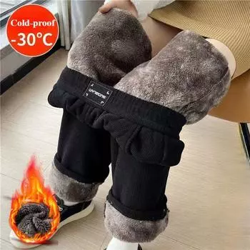 Широкие брюки из овечьей шерсти с подкладкой из синели, женские зимние свободные утолщенные теплые повседневные прямые брюки с высокой талией M чёрный