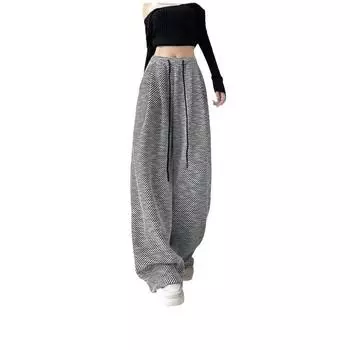 Широкие брюки из серого твила, женские, новинка 2024 года, с высокой талией, драпированные и тонкие прямые полосатые, удлиненная версия брюк для уборки S