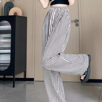 Широкие брюки из шелка Ice Silk с завязками на талии, полосатые брюки Yamamoto, удобные летние L чёрный