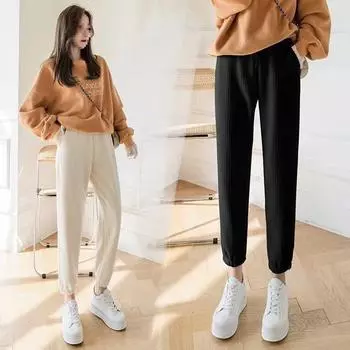 Широкие брюки из синели для женщин, новые зимние плюшевые брюки для женщин, прямые повседневные брюки из овечьего бархата для женщин L чёрный