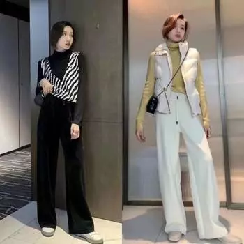 Широкие брюки из утолщенного флиса с завязками на завязках для женщин осень-зима 2024 года, новые тонкие и свободные повседневные длинные брюки с высокой талией S чёрный