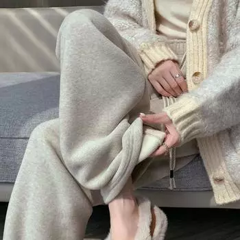 Широкие брюки из утолщенной овечьей шерсти, женская одежда на осень и зиму 2024 года, новые брюки прямого покроя с высокой талией, повседневные брюки на весну S