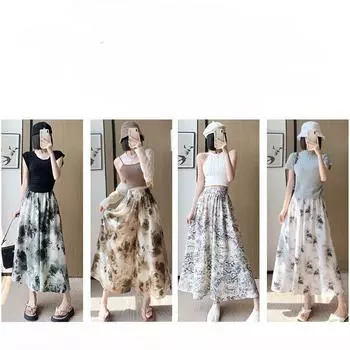 Широкие брюки-кюлоты с принтом тай-дай, женские, летние, новые, новые, китайские, из ледяного шелка, шифона, тонкая, маленькая, юбка в национальном стиле L [recommended 80-55 kg]