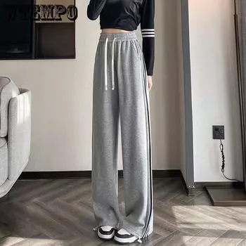 Широкие брюки на шнурке для женщин со свободной талией и повседневные серые спортивные брюки весной и летом S чёрный