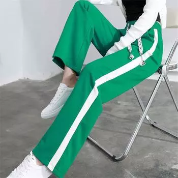 Широкие брюки на шнуровке по бокам, повседневные эластичные прямые брюки с высокой талией, весенние женские мешковатые спортивные штаны в Корейском стиле Spoenie S чёрный