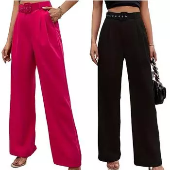 Широкие брюки с эластичной талией и карманами, однотонные свободные брюки для женщин, винтажные брюки с высокой талией, шикарные прямые брюки с поясом, прямые брюки S чёрный