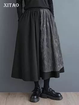 Широкие брюки с асимметричным карманом и заплатками XITAO ZY8913 One Size чёрный