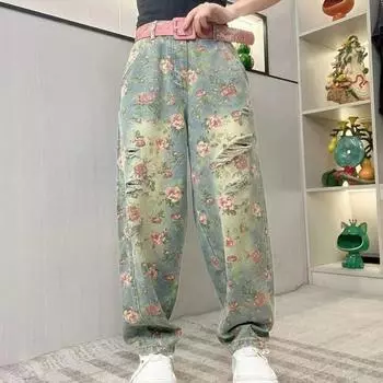 Широкие брюки с цветочным принтом, женские осенние свободные джинсовые брюки с высокой талией, корейские модные джинсы, женские S