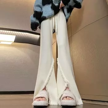 Широкие брюки с кисточками для мытья полов для студенток, эластичный шнурок с высокой талией для утягивающего эффекта, прямые брюки с разрезом One Size белый