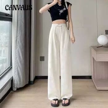 Широкие брюки с пластинчатыми пуговицами для женщин, весенние и летние жаккардовые атласные прямые брюки в национальном стиле с высокой талией, повседневные драпированные брюки S чёрный