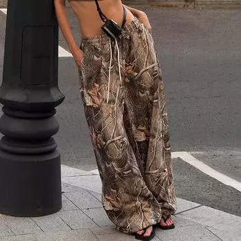 Широкие брюки с принтом листвы, женские, осенние, винтажные, хипстерские, модные, Y2K, дикие, повседневные, свободные, уличные, крутые, узкие брюки S