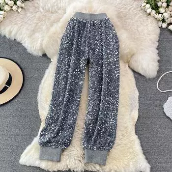 Широкие брюки с высокой талией и блестками, женские летние новые тонкие универсальные леггинсы с эластичной резинкой на талии, повседневные One Size чёрный