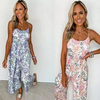 Широкие брюки с высокой талией, комбинезон, женский комбинезон с цветочным принтом на бретельках и открытой спиной, женские цельные комбинезоны S синий