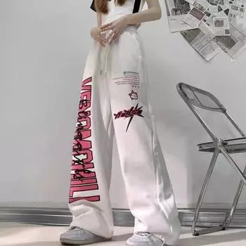 Широкие брюки с высокой талией, мешковатые брюки в стиле хип-хоп, повседневные спортивные штаны со шнурком для девочек L