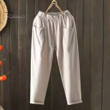 Широкие брюки-шаровары с эластичной резинкой на талии, женские хлопковые и льняные повседневные винтажные свободные однотонные летние брюки с карманами 4XL жёлтый