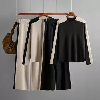 Широкие брюки, спортивные костюмы, осень-зима, вязаный пуловер, свитера, комплекты из 2 предметов, брюки полной длины, тканевые костюмы One Size бежевый