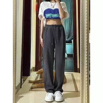 Широкие брюки свободные и тонкие прямые повседневные брюки леггинсы женские M чёрный